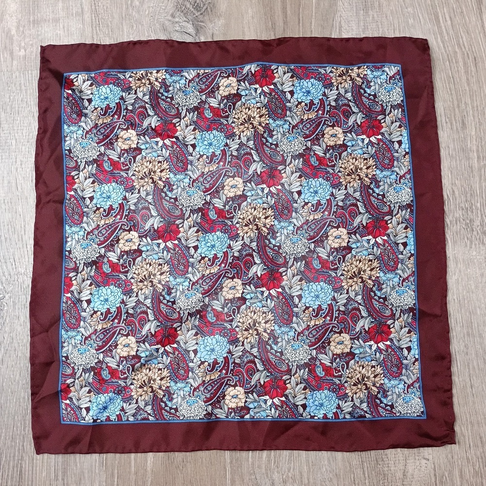 100% Silk Men's Square Scarf Pocket Square Paisley Burgundy Red Blue 14x14